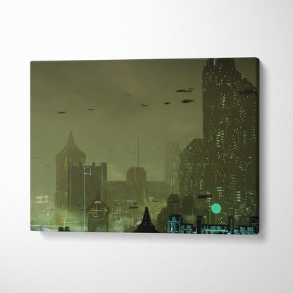 A canvas print of a cyberpunk cityscape with green black glowing lights and flying vehicles futuristic wall art