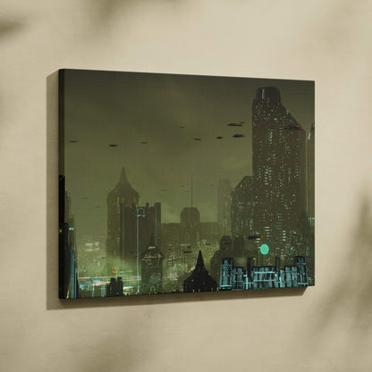 A rectangular canvas print of a cyberpunk cityscape with glowing green black skyline and flying vehicles under gray sky