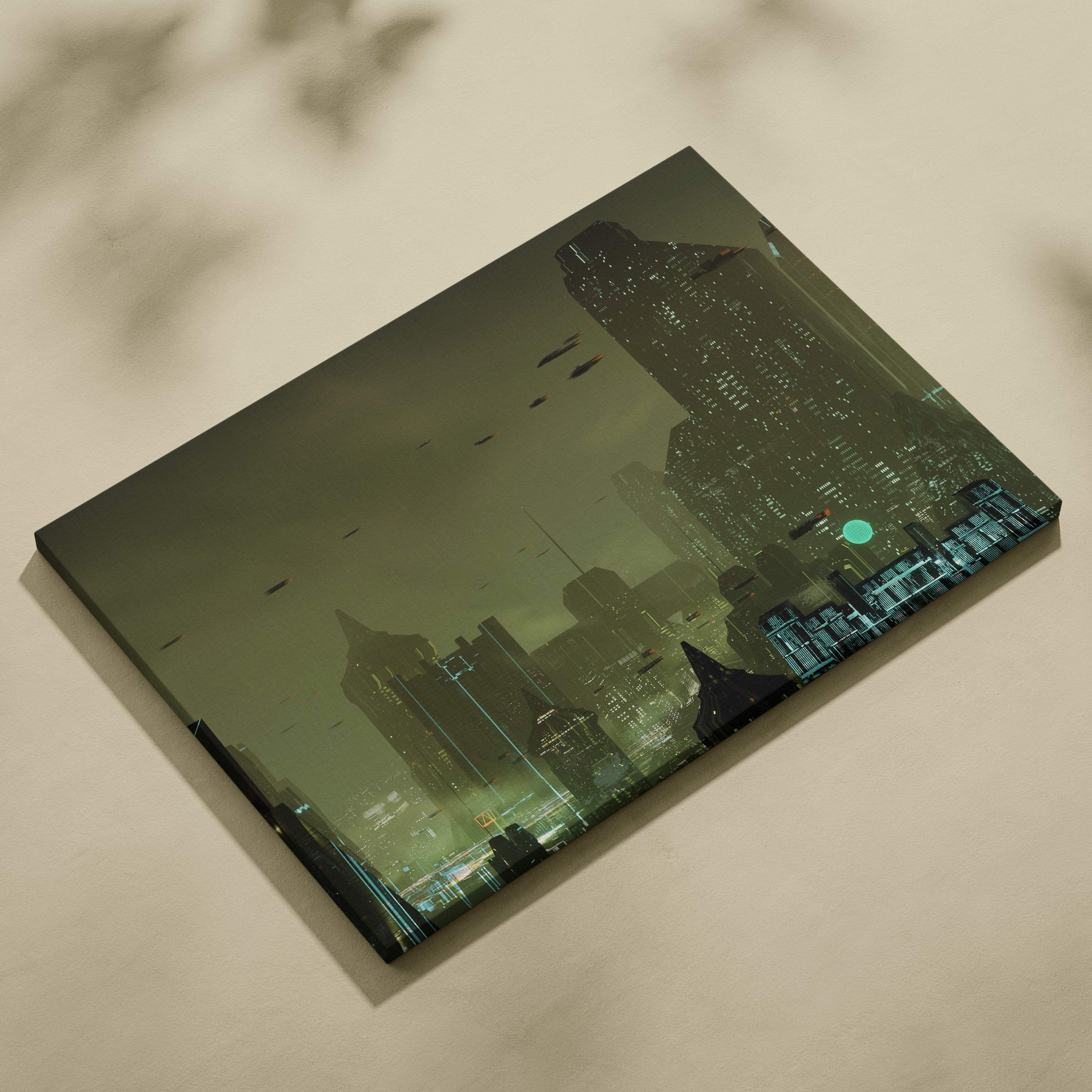 A rectangular canvas print of a futuristic cityscape with illuminated skyscrapers under a muted green sky for wall art