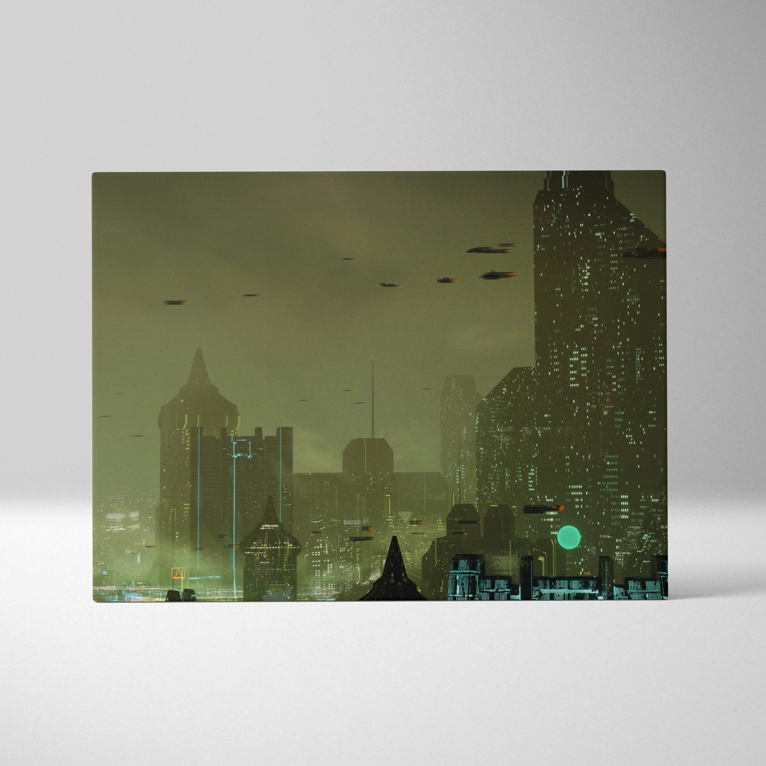 Rectangular canvas print of a cyberpunk cityscape with green black futuristic skyline and flying vehicles under a gray sky
