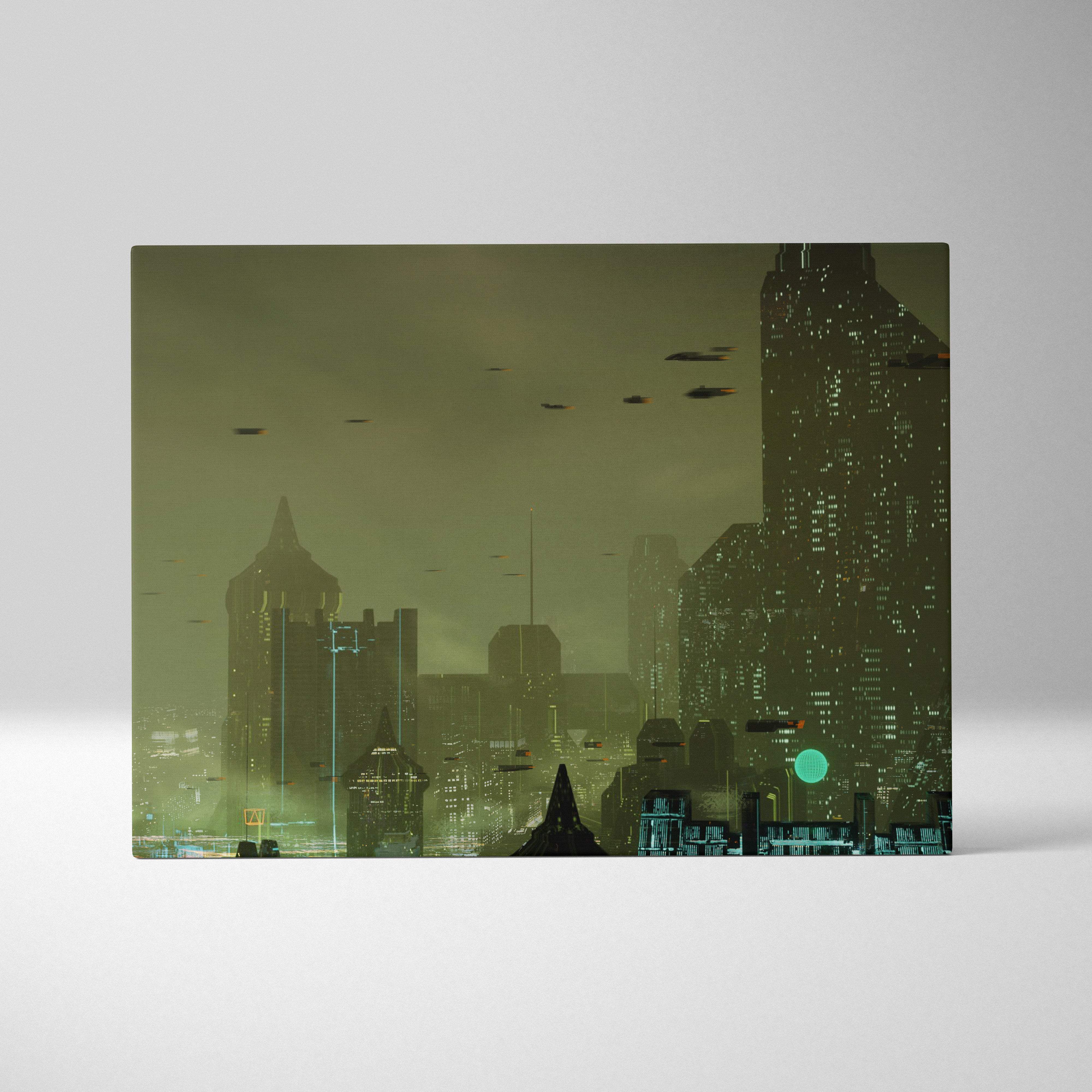 Rectangular canvas print of a cyberpunk cityscape with green black futuristic skyline and flying vehicles under a gray sky