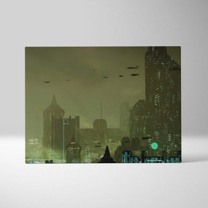 Rectangular canvas print of a cyberpunk cityscape with green black futuristic skyline and flying vehicles under a gray sky