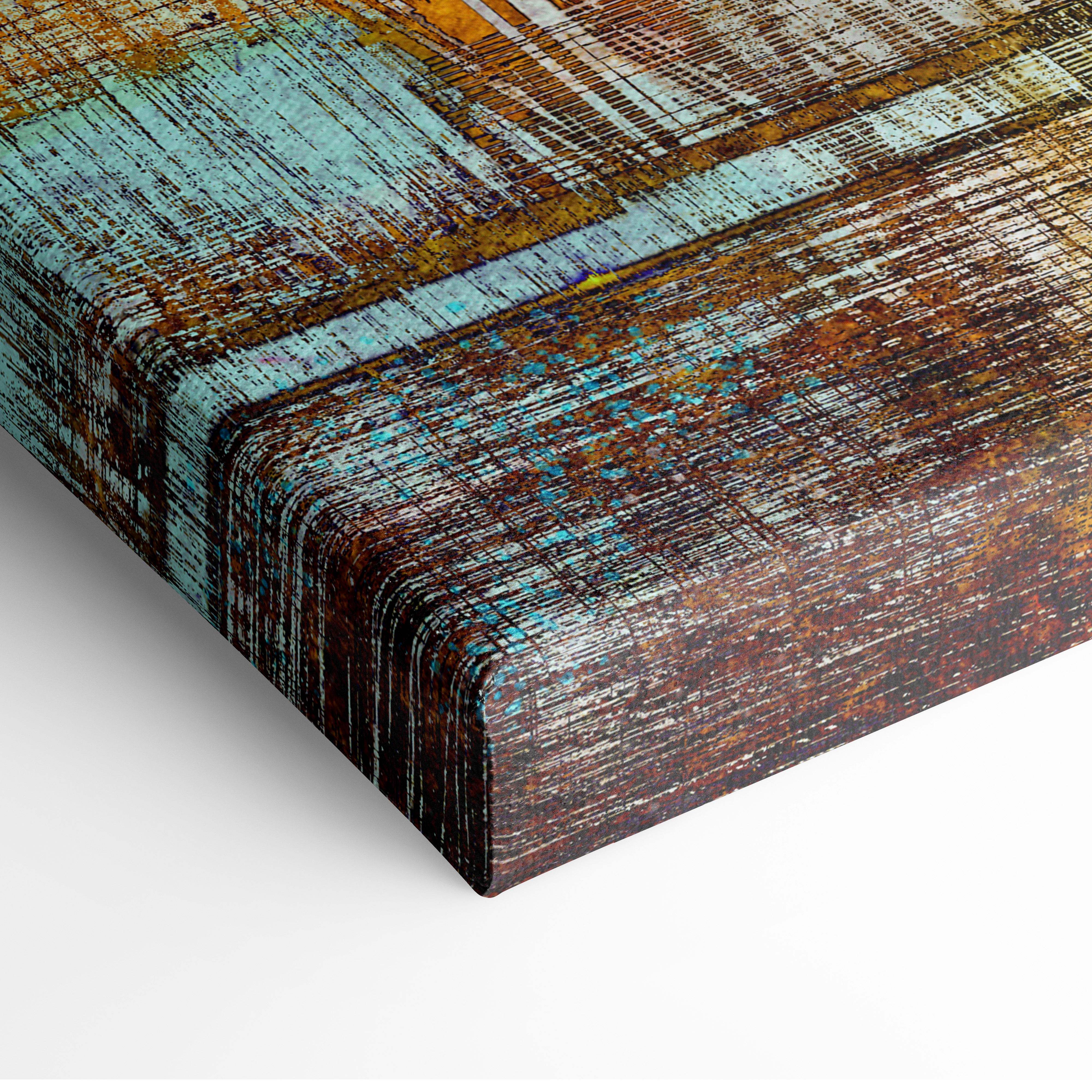 Canvas print with distressed rustic design featuring layered teal and brown textures in colorful abstract city skyline style