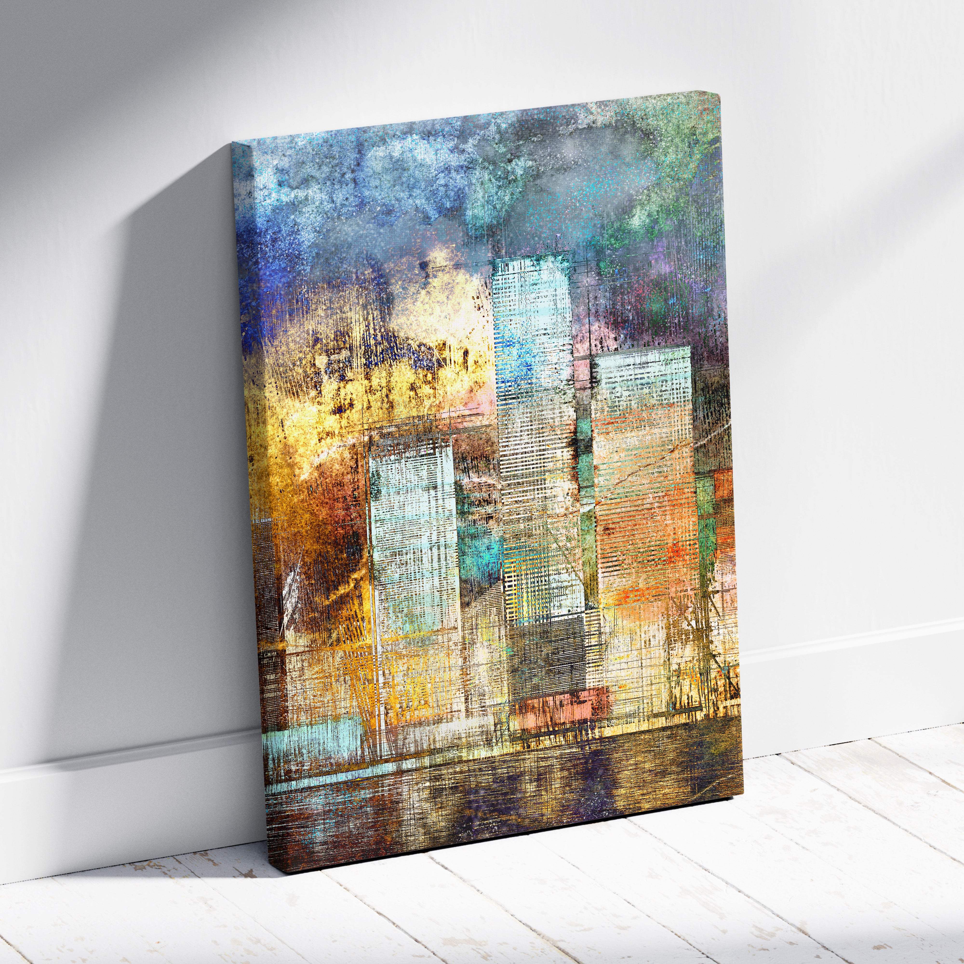 Colorful abstract city skyline canvas painting with textured blue gold brushstrokes for urban office decor