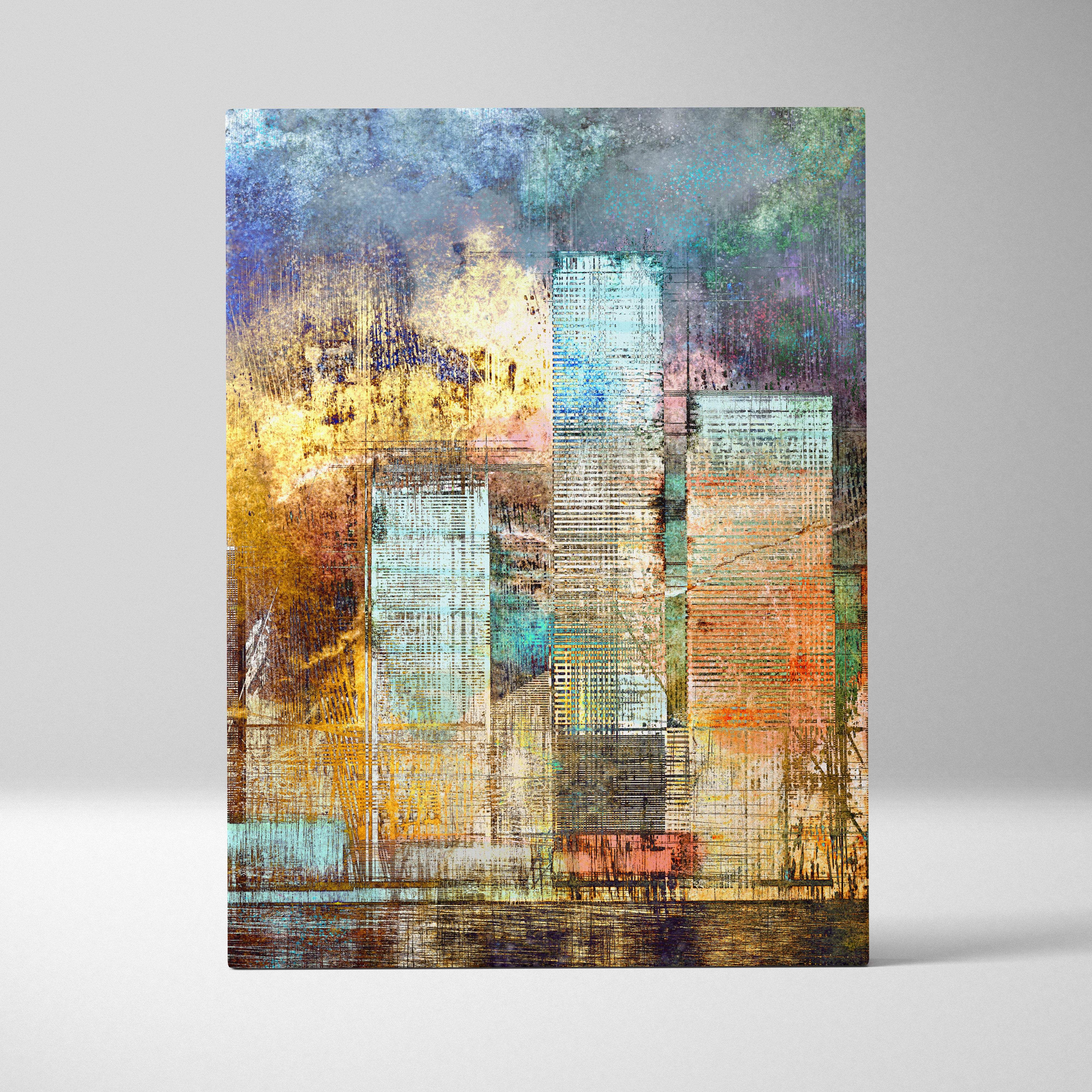 Colorful abstract city skyline canvas painting with textured brushstrokes in blues golds and earthy tones for urban decor
