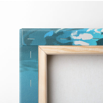 Teal canvas painting with abstract blue and white brushstrokes in a light wood frame for minimalist wall decor