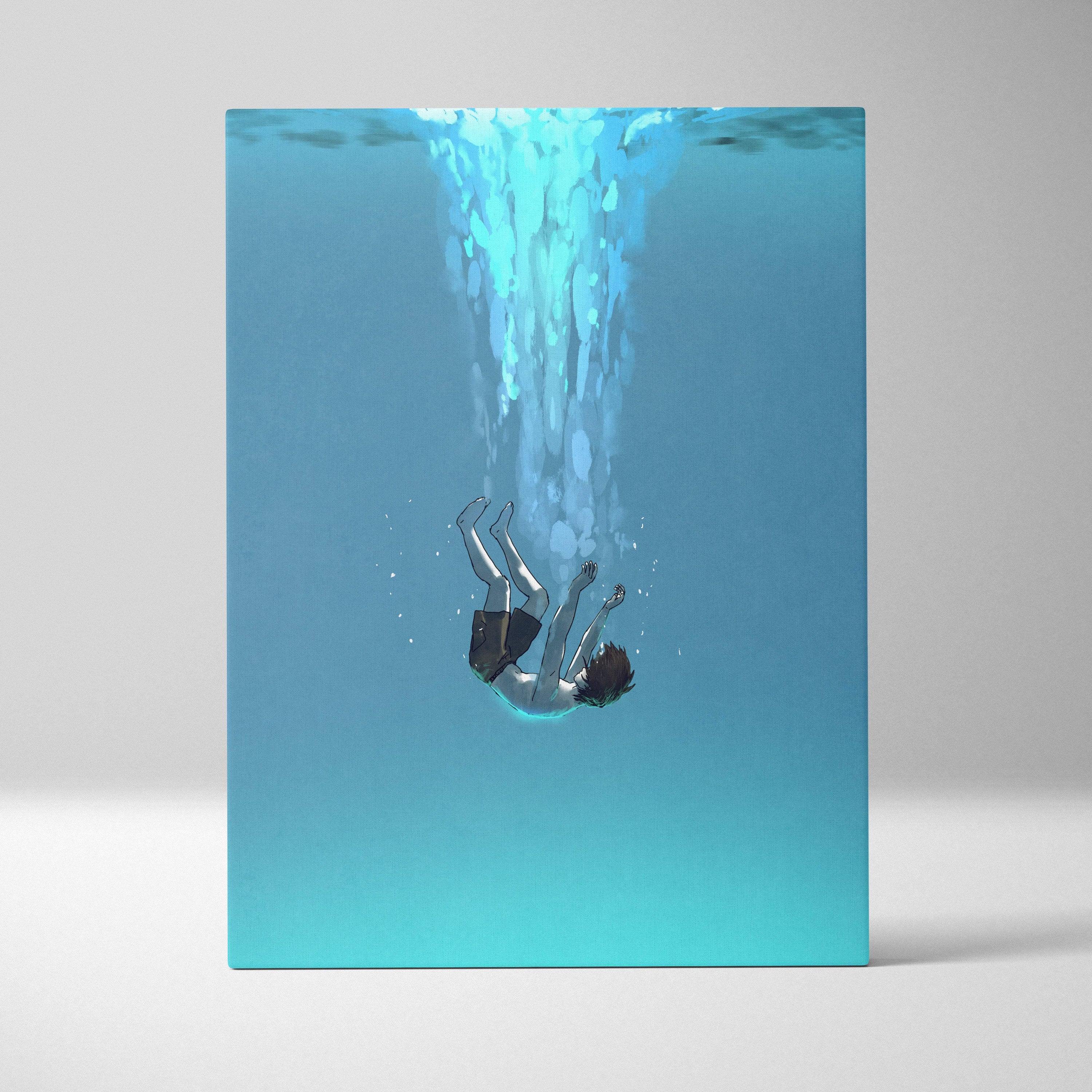 Minimalist underwater falling figure canvas art featuring a serene blue ocean scene with a person diving and bubbles