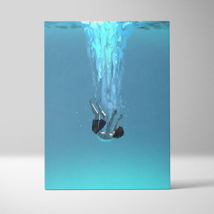 Minimalist underwater falling figure canvas art featuring a serene blue ocean scene with a person diving and bubbles