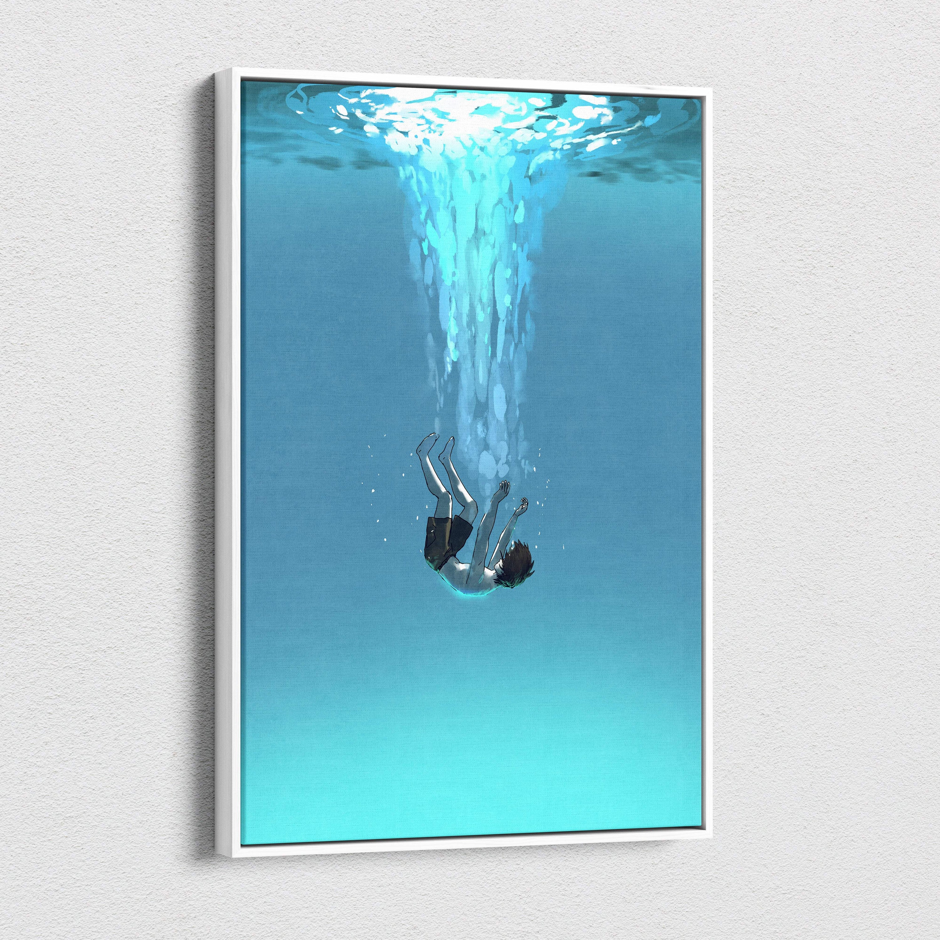A framed minimalist canvas art depicting a person submerged in turquoise water with bubbles in calm blue tones
