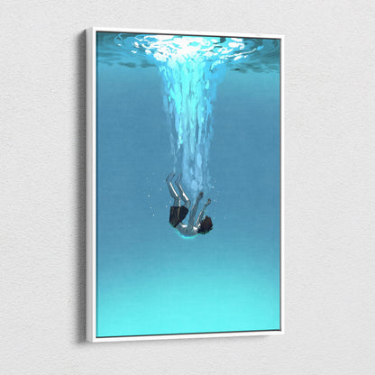 A framed minimalist canvas art depicting a person submerged in turquoise water with bubbles in calm blue tones