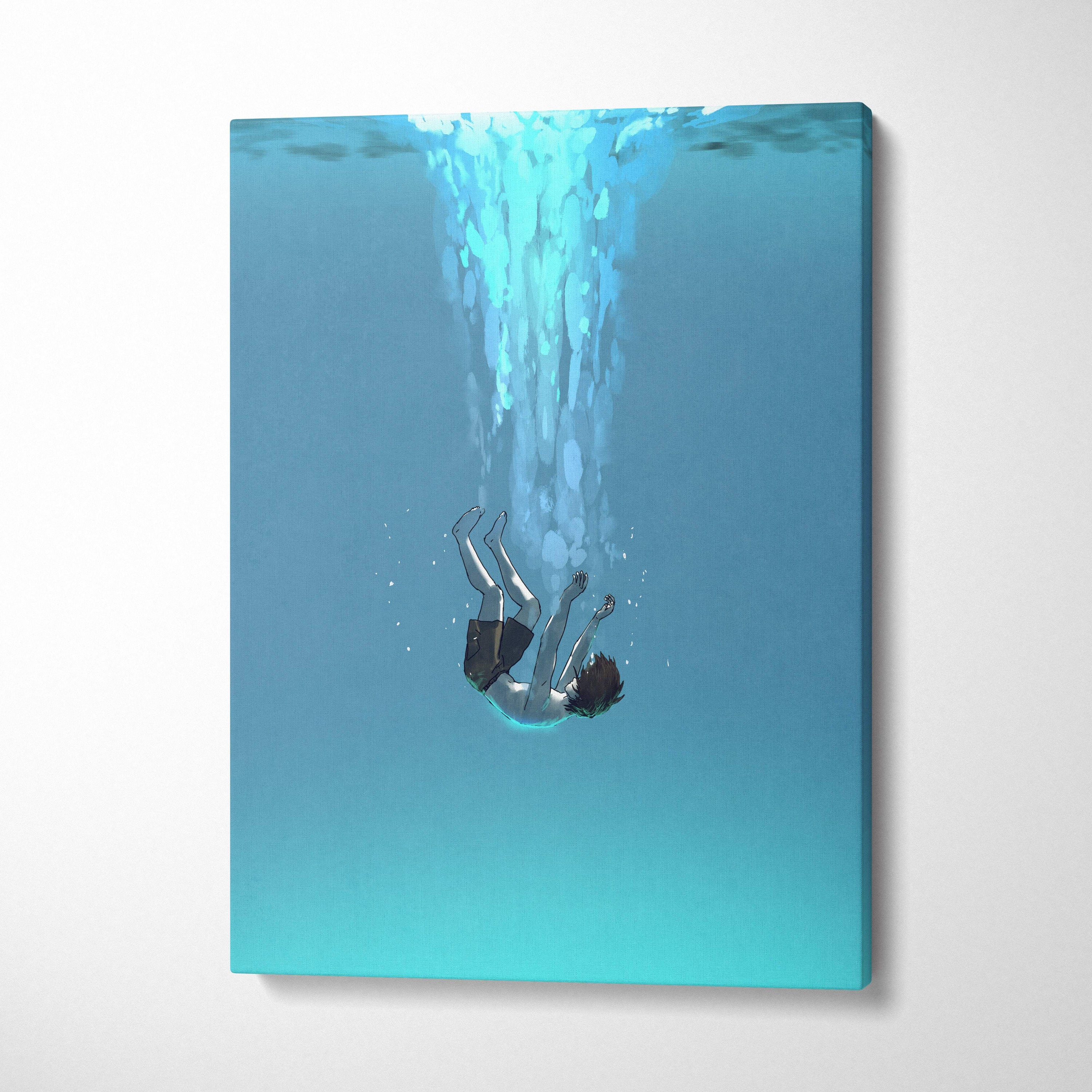 Blue canvas print of minimalist underwater falling anime figure with bubbles serene ocean depths wall decor