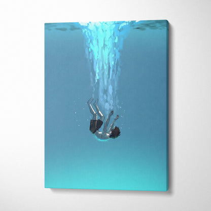 Blue canvas print of minimalist underwater falling anime figure with bubbles serene ocean depths wall decor