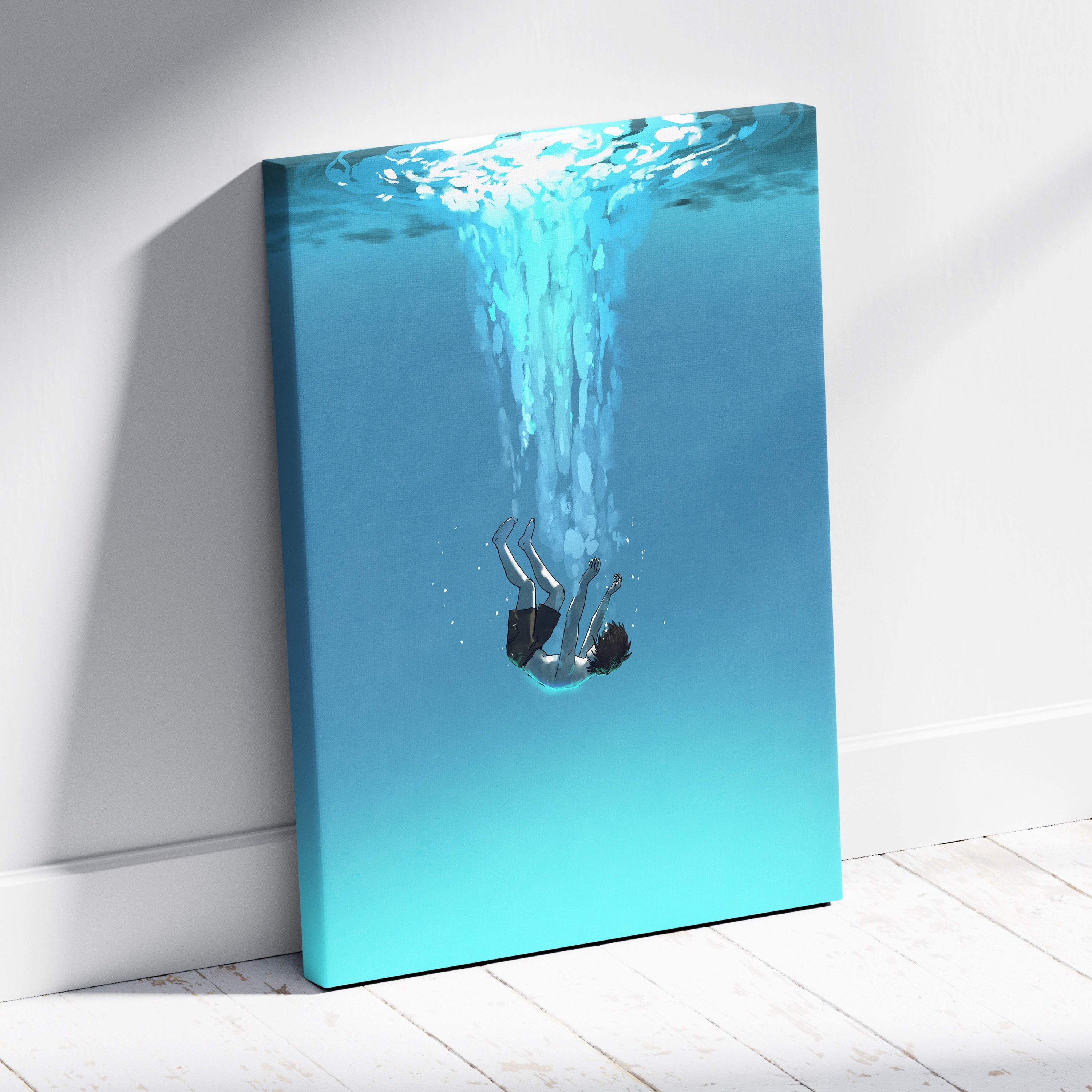 Blue canvas print of a minimalist underwater falling figure with bubbles in serene ocean depths wall decor