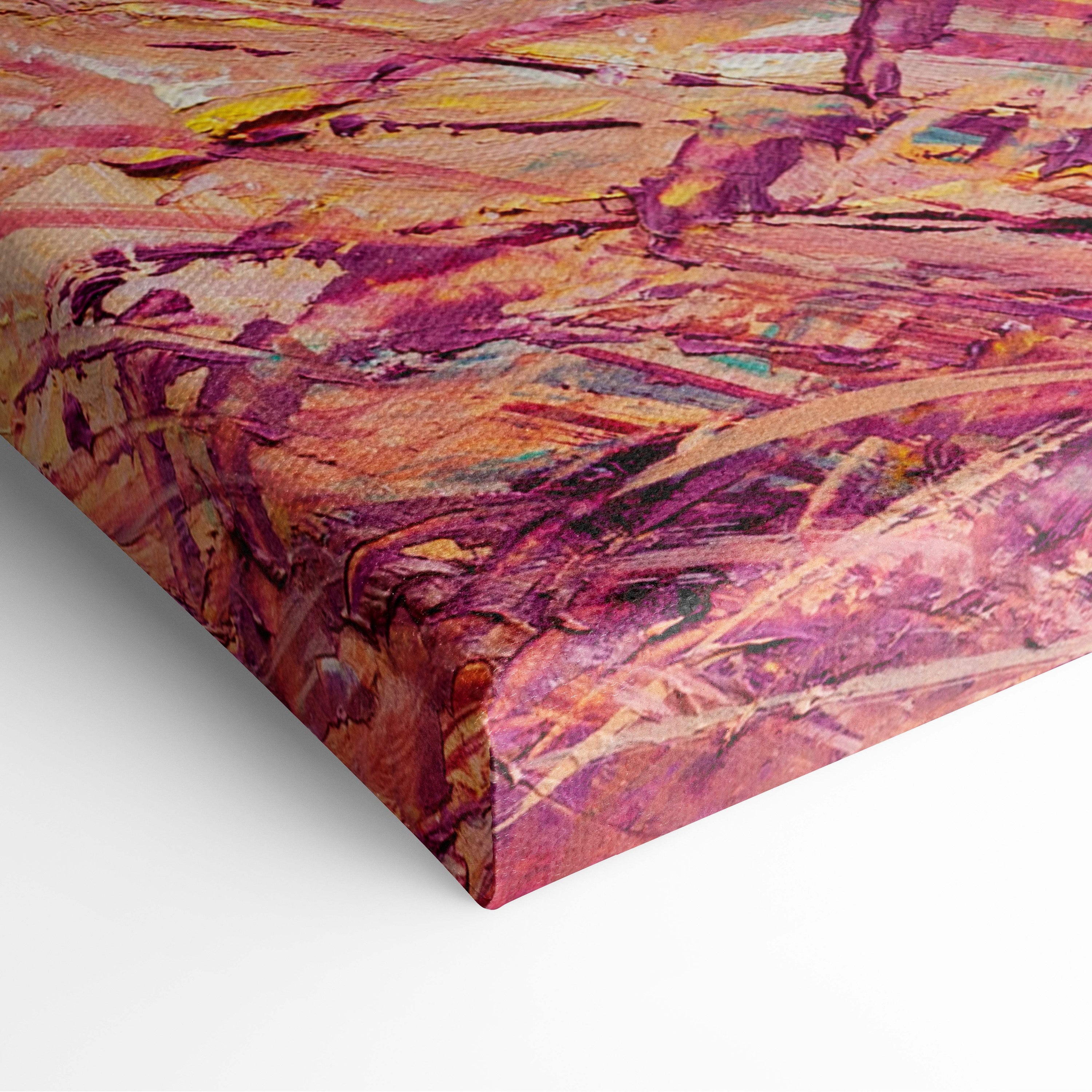 A vibrant abstract canvas painting with bold magenta orange and yellow strokes in a soft pastel floral landscape design