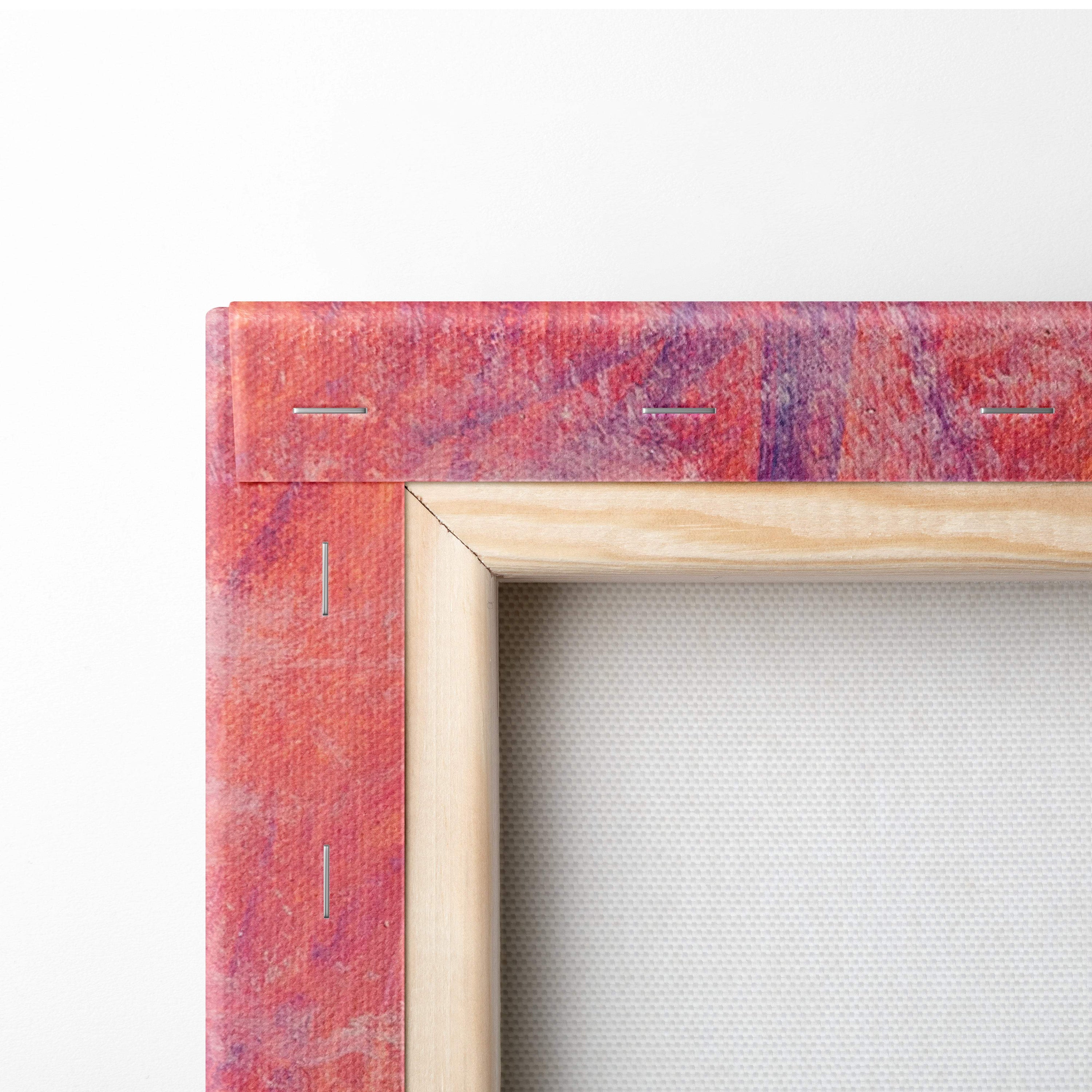 A wooden canvas frame with a vibrant red and purple stitched fabric border for sunlit wild daisy meadow wall art