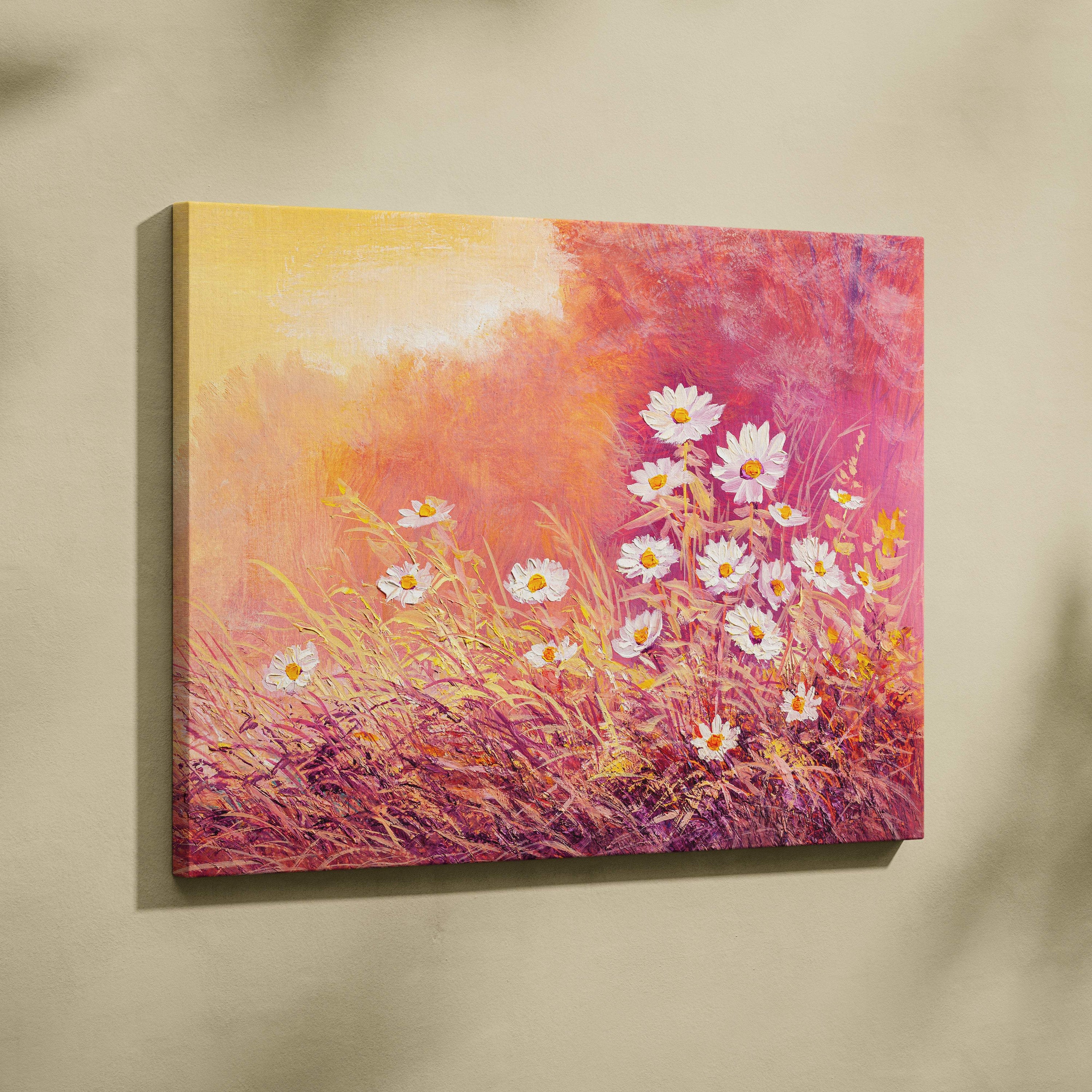 Sunlit wild daisy meadow canvas print featuring white daisies and tall grasses under a warm pink and orange sky