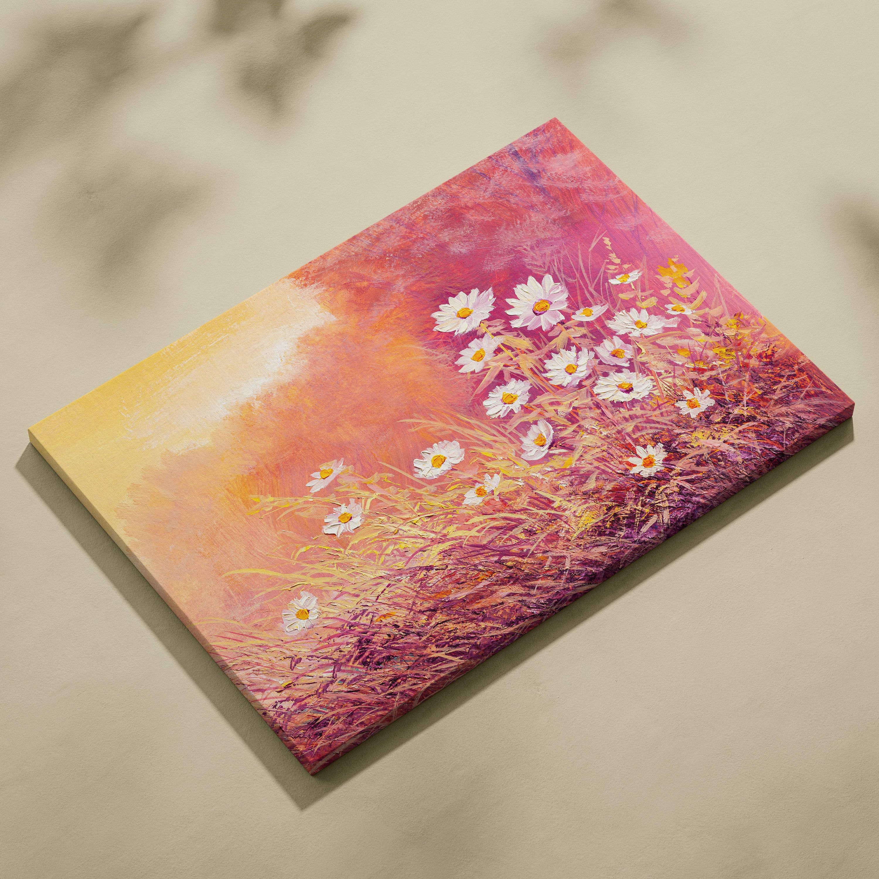 Sunlit wild daisy meadow canvas print featuring vibrant white daisies with yellow centers on a pastel gradient background