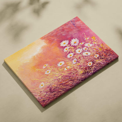 Sunlit wild daisy meadow canvas print featuring vibrant white daisies with yellow centers on a pastel gradient background