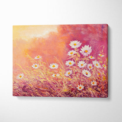 A vibrant canvas print of a sunlit wild daisy meadow with white flowers and a warm pink orange pastel background