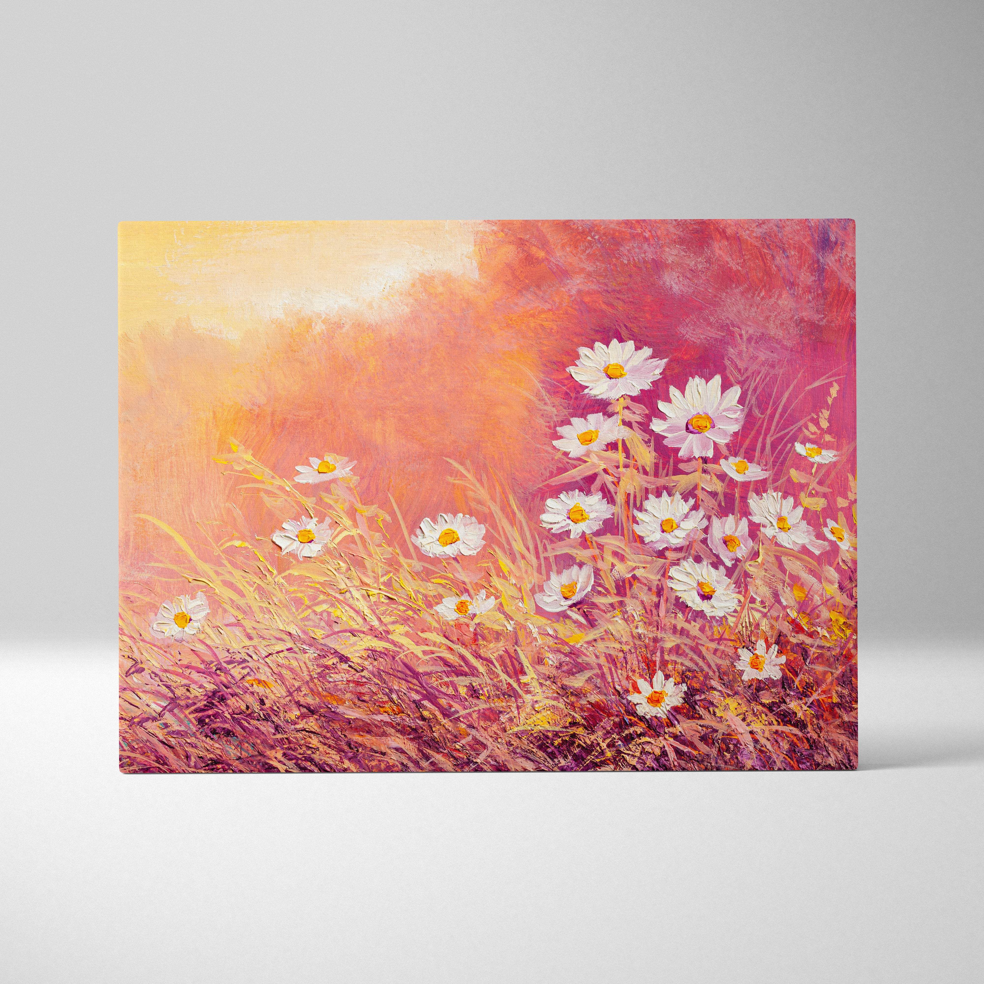 Sunlit wild daisy meadow canvas print featuring white daisies with yellow centers on a warm orange pink background