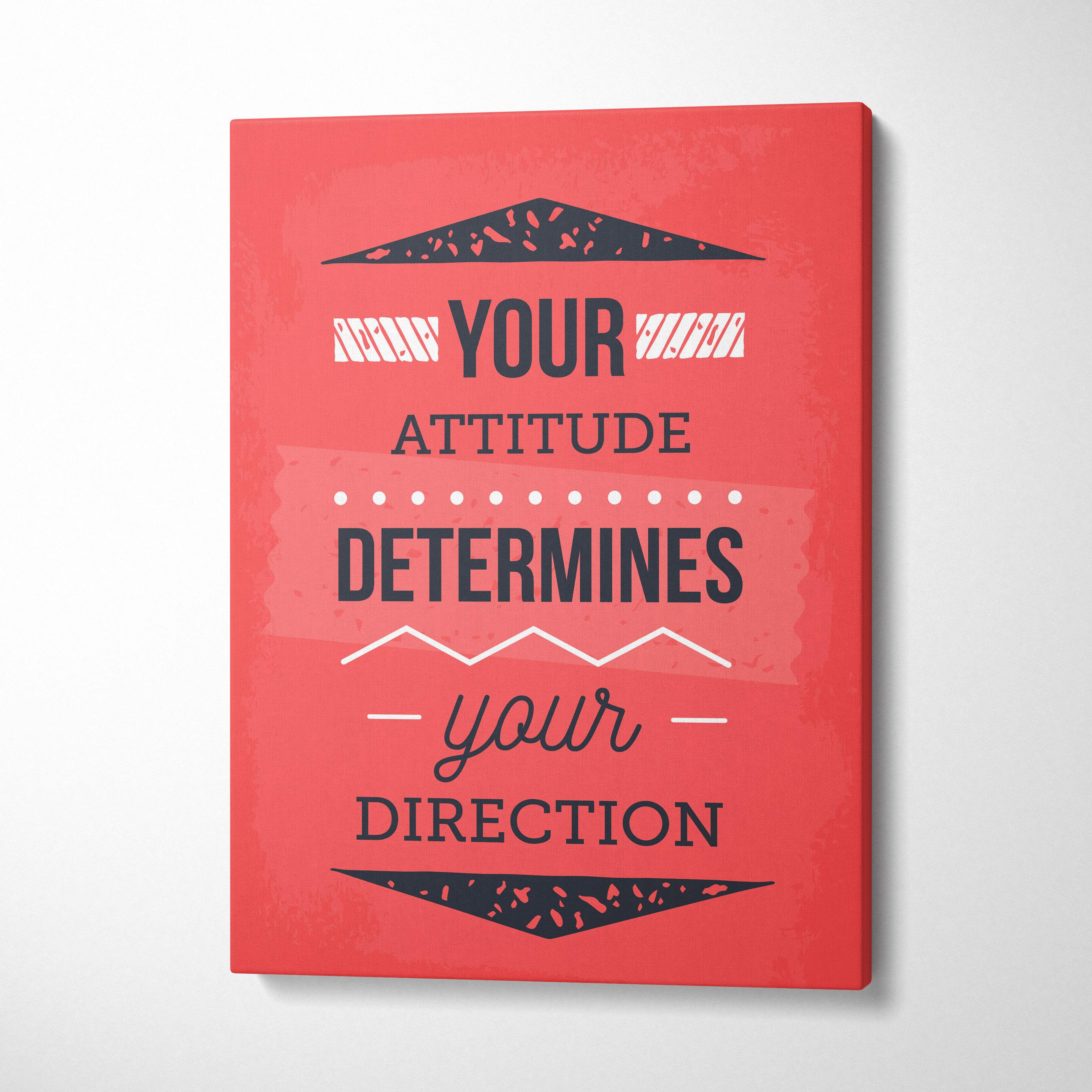 Red canvas print featuring motivational phrase your attitude determines your direction in black and white typography with geometric accents