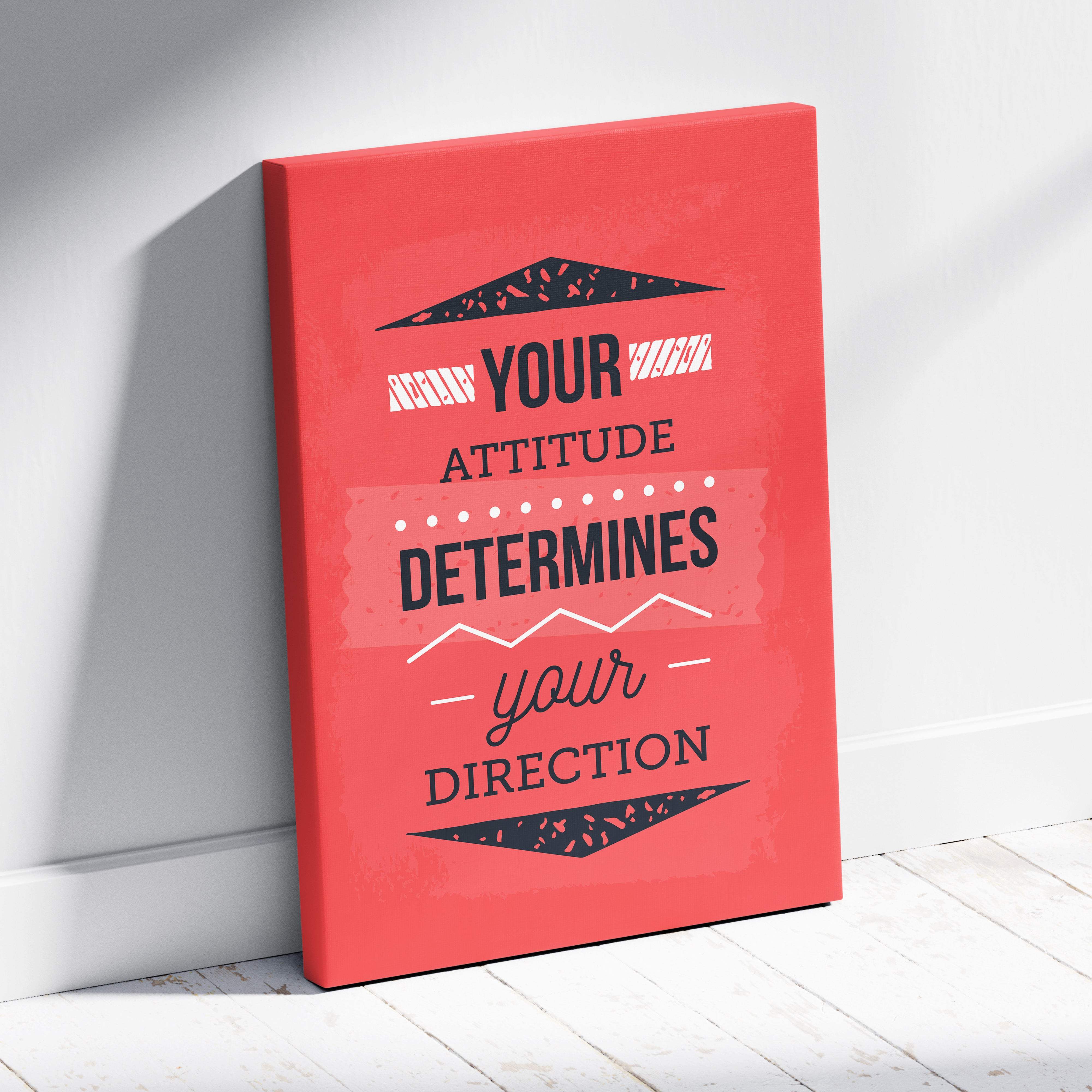 Vibrant red canvas print wall art with coral typography featuring your attitude determines your direction motivational quote