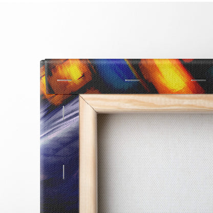 A vibrant abstract canvas painting with bold orange yellow and deep blue brushstrokes in a light wood frame