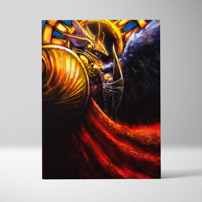 Epic golden angel warrior canvas art features a golden armored knight with a red cape against a fiery backdrop