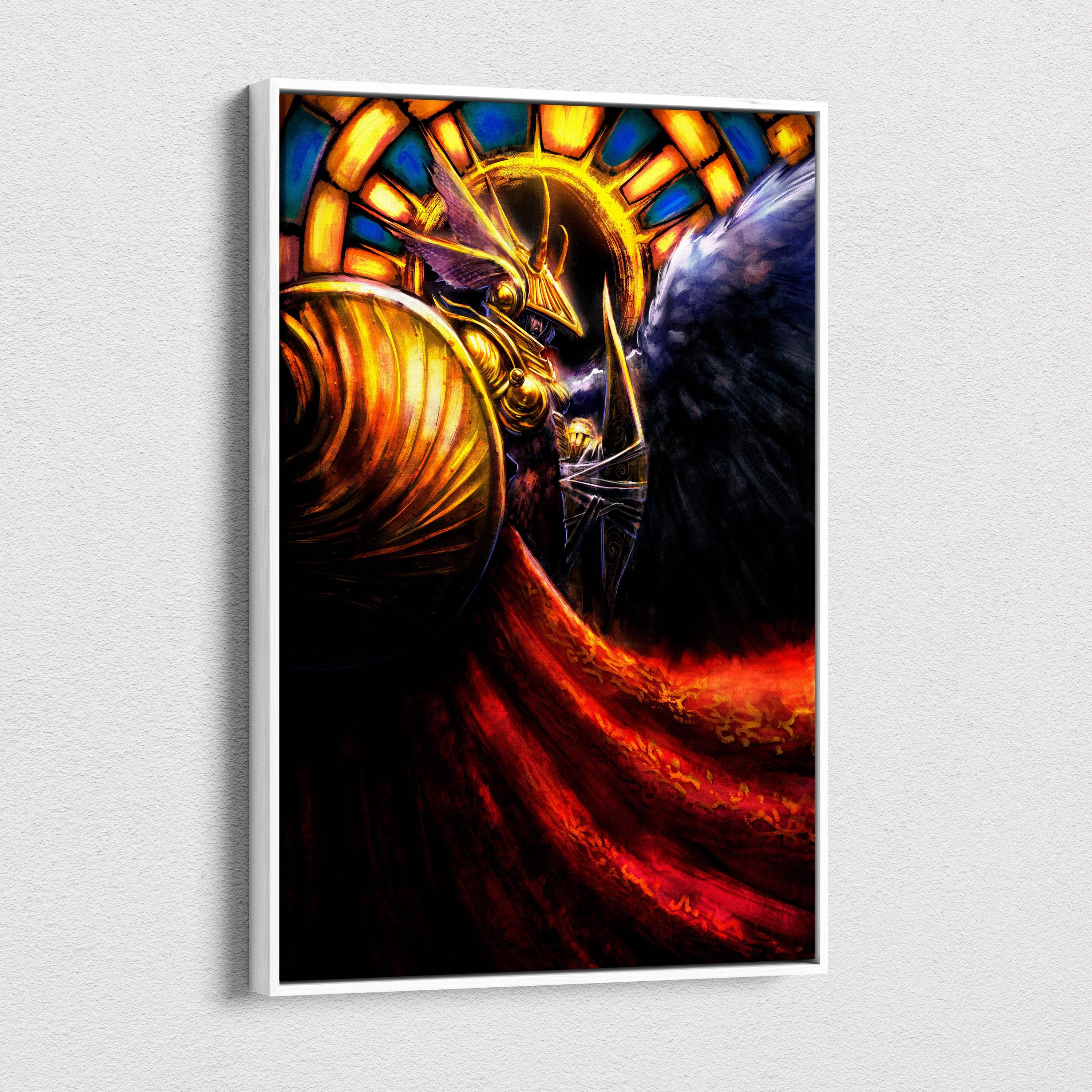 A framed epic golden angel warrior canvas art with dark gothic armor red fabric and stained glass background