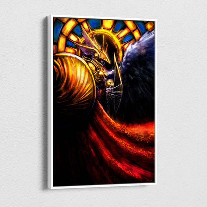 A framed epic golden angel warrior canvas art with dark gothic armor red fabric and stained glass background