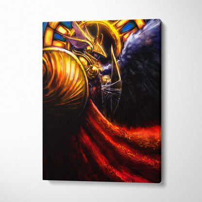 Vibrant fantasy canvas art of a golden armored angel warrior with wings and a red cape against stained glass background