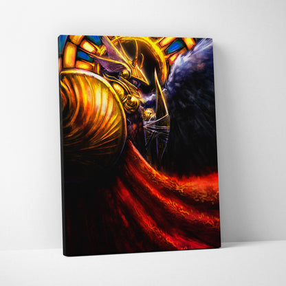 Vibrant fantasy canvas print of golden armored angel warrior with red fabric and stained-glass background wall decor