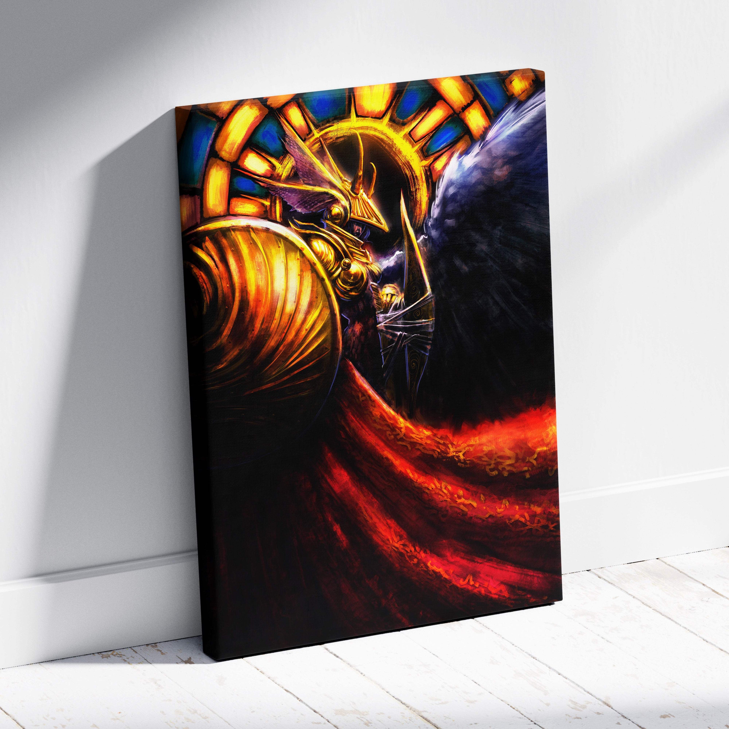 Epic golden angel warrior canvas art with vibrant stained glass style showing gold armor wings and red fabric