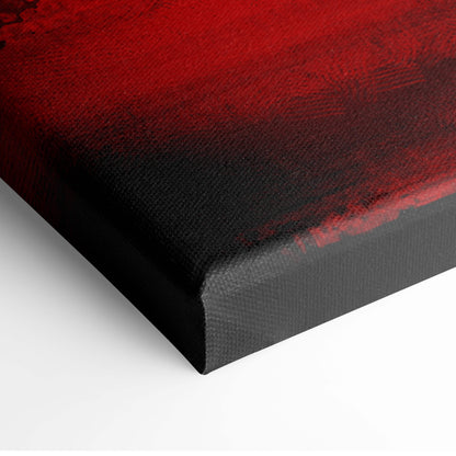 A bold abstract canvas painting featuring a dramatic deep red to black gradient with textured brushstrokes in a black frame