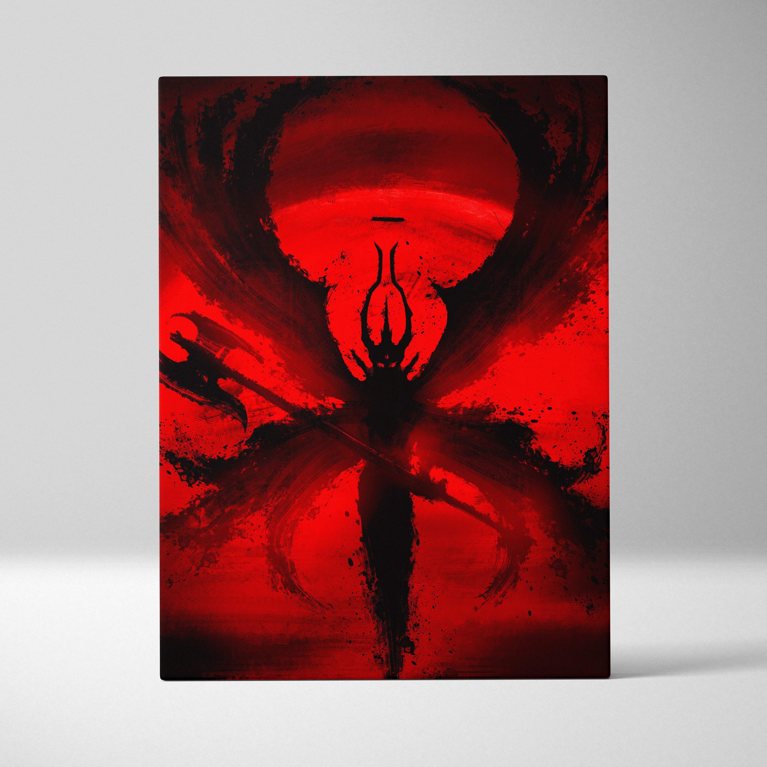 Dark crimson demon abstract canvas art featuring a bold red and black gothic winged figure on a swirling crimson background