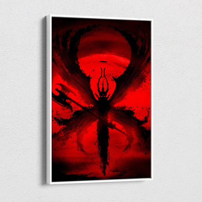 A framed dark crimson demon abstract canvas print with a bold red and black gothic ink silhouette for horror decor