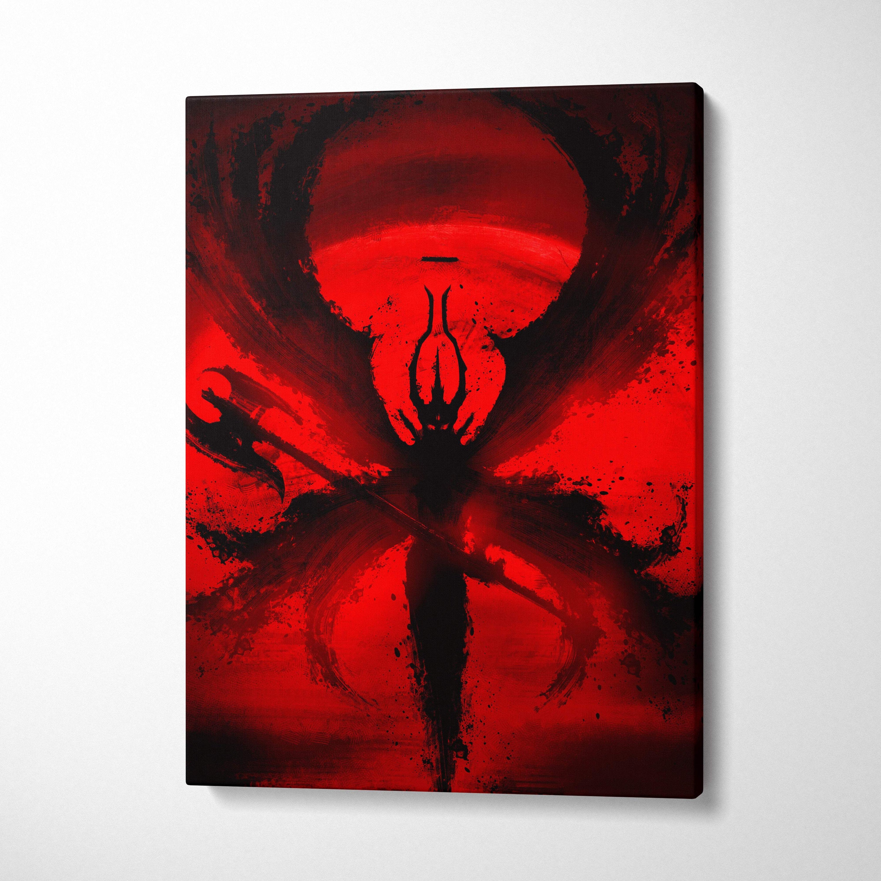 Dark crimson demon abstract canvas art with a striking red and black winged silhouette on swirling crimson background