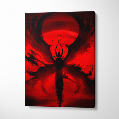 Dark crimson demon abstract canvas art with a striking red and black winged silhouette on swirling crimson background