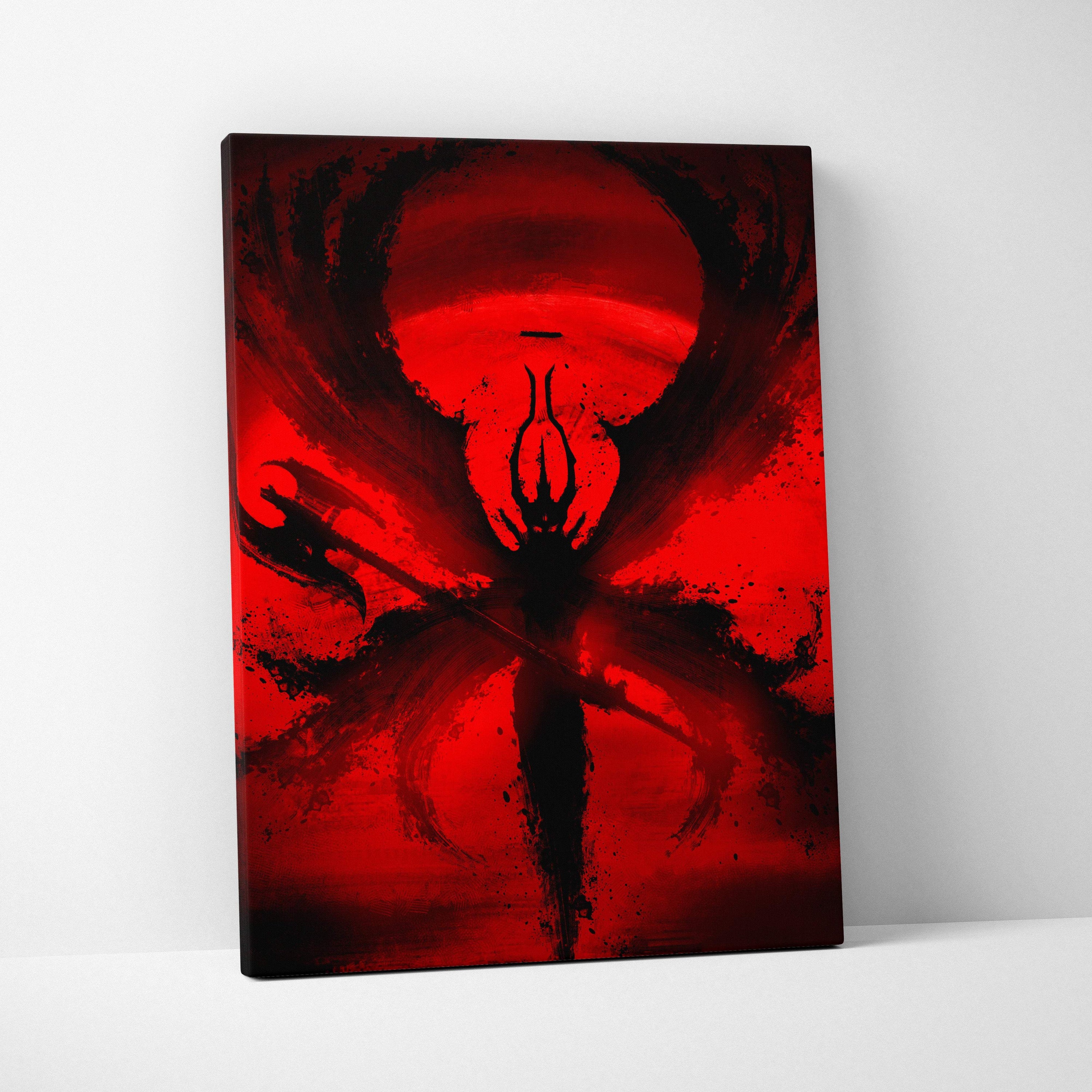 Dark crimson demon abstract canvas art featuring a striking red and black winged figure on a swirling crimson background