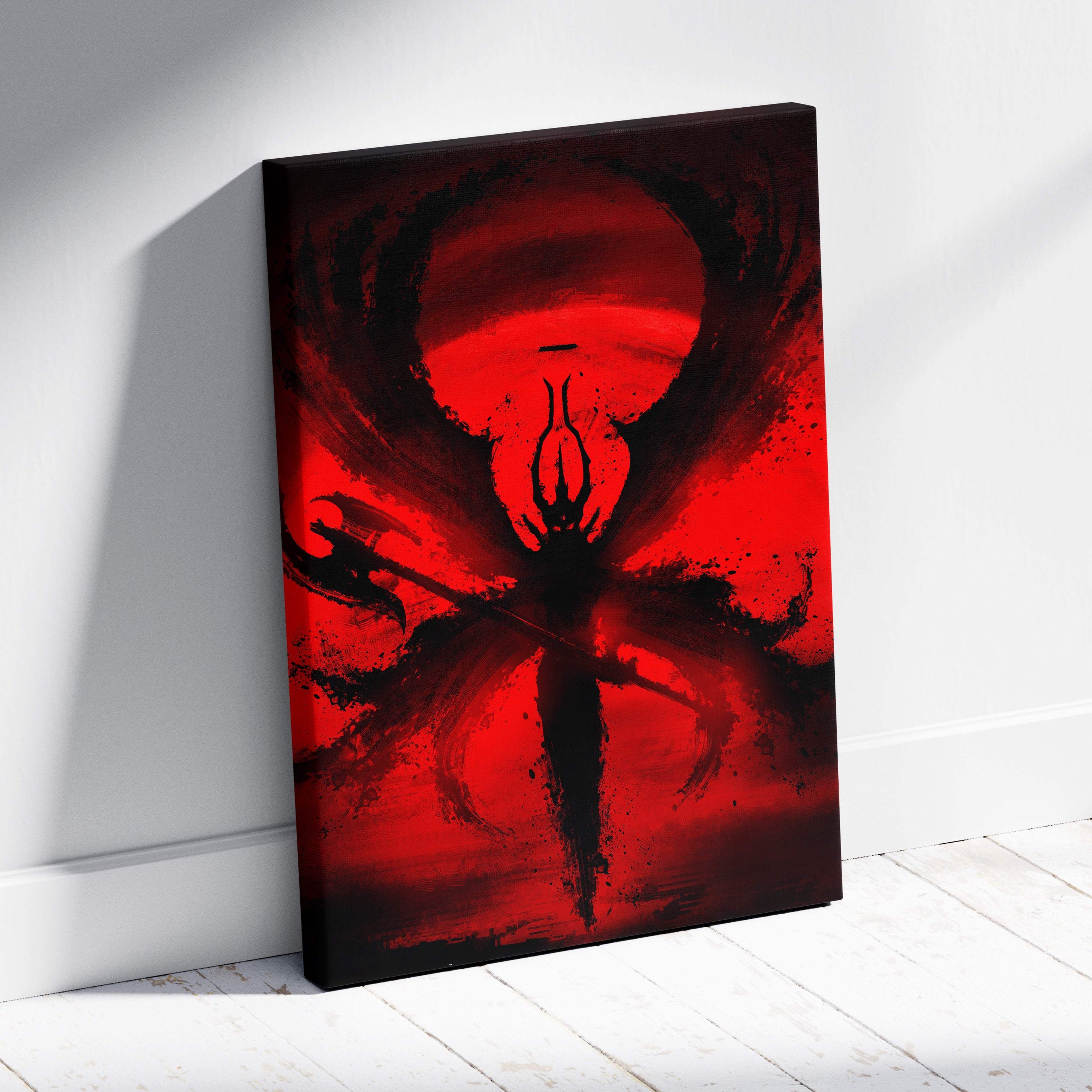 Dark crimson demon abstract canvas art with a striking red and black winged figure on a swirling crimson background
