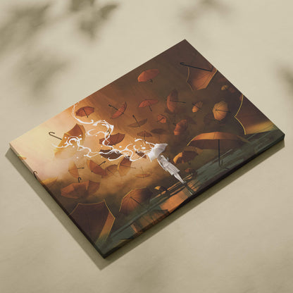 Floating umbrellas canvas wall art print with orange umbrellas swirling around a figure holding a white umbrella on warm brown background