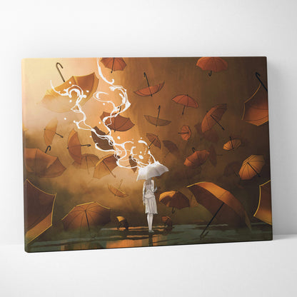 A canvas wall art print of a solitary figure with a white umbrella among swirling orange umbrellas in warm brown tones
