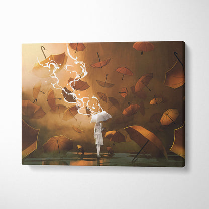 A canvas print of floating umbrellas with a lone figure holding a white umbrella in warm brown anime rain fantasy decor