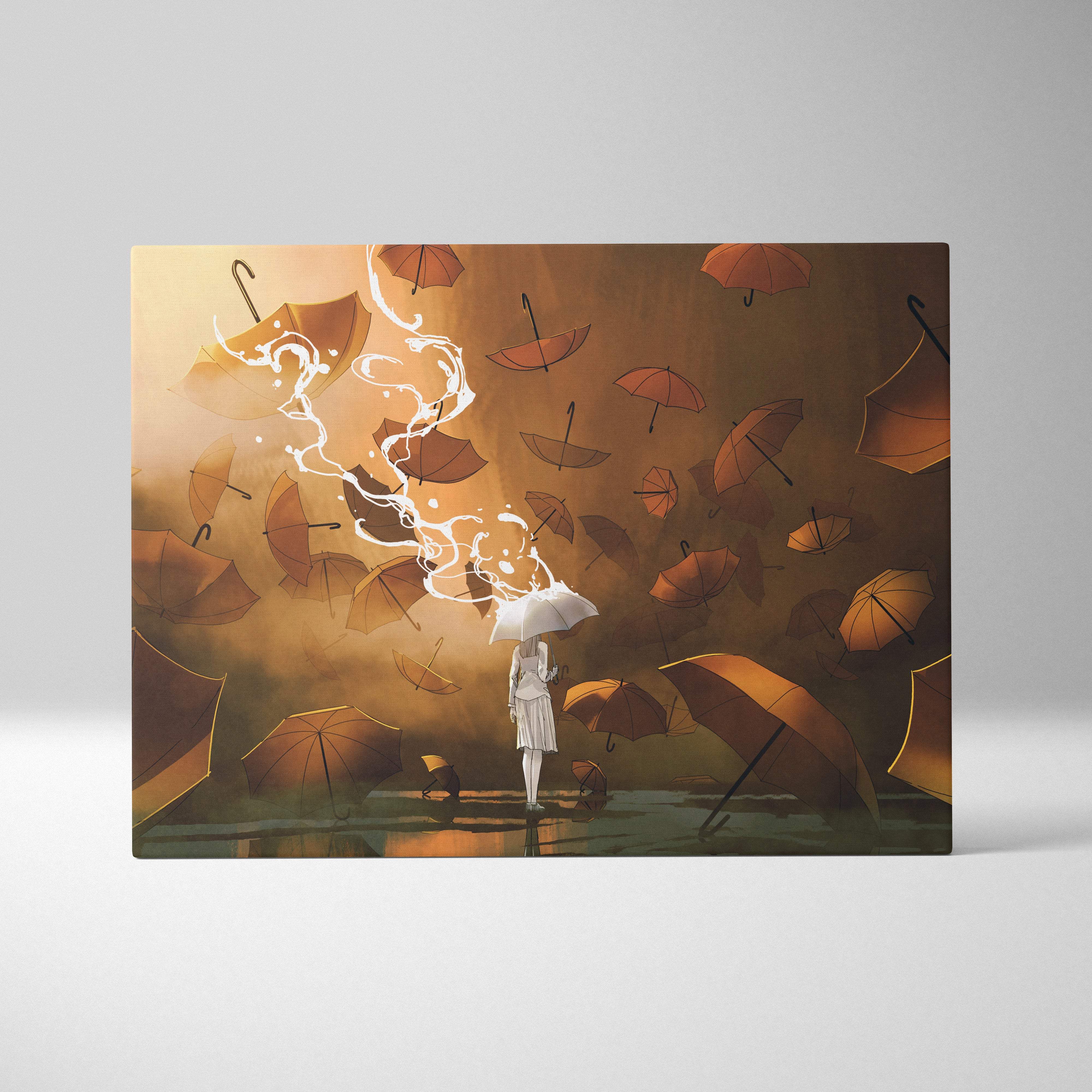 Floating umbrellas canvas wall art print featuring a lone figure with white umbrella and falling orange umbrellas in warm brown tones