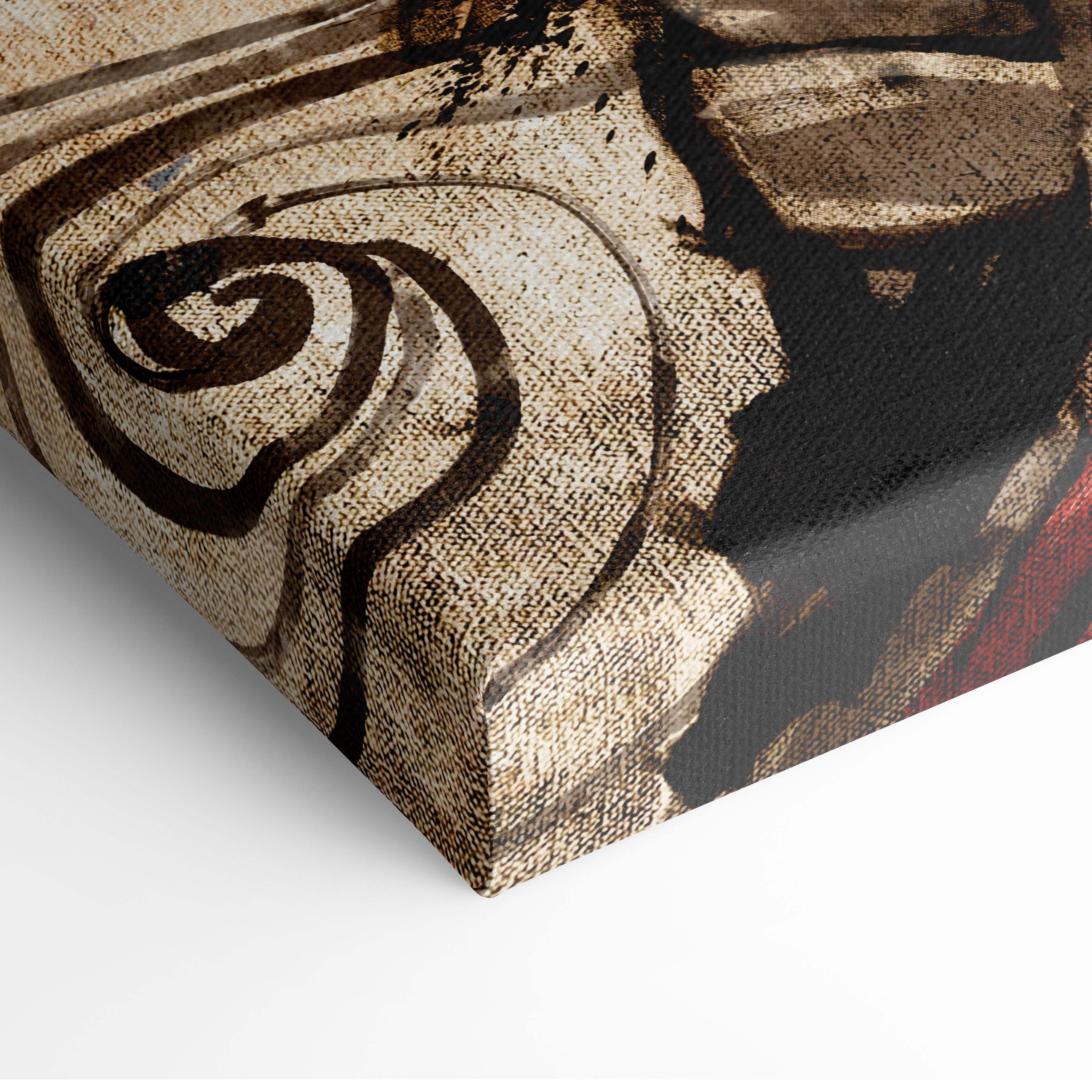 Samurai armor canvas art with abstract swirling patterns in beige brown and black textured wall decor