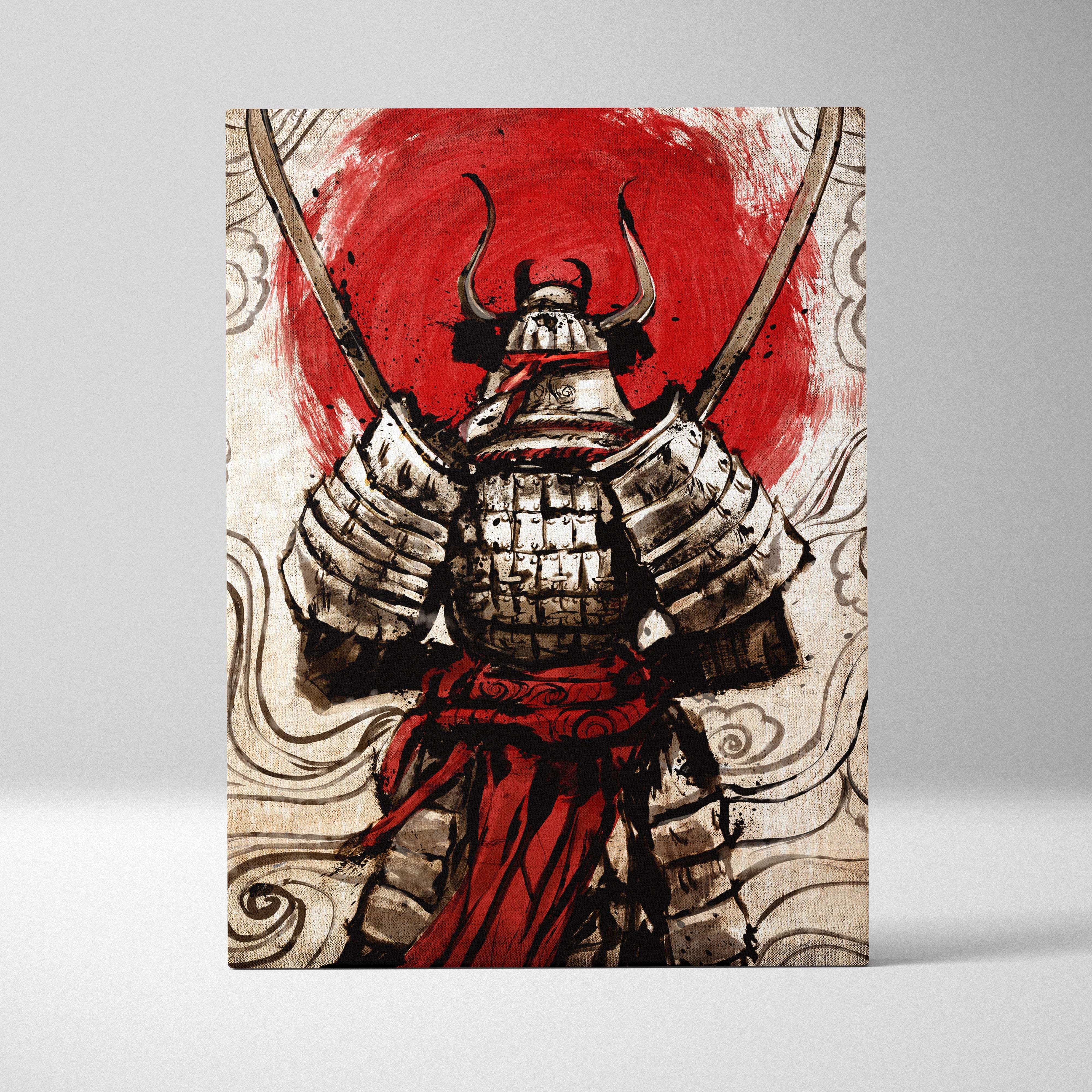 Samurai armor canvas art featuring stylized metallic armor with red accents on red sun ink wash background