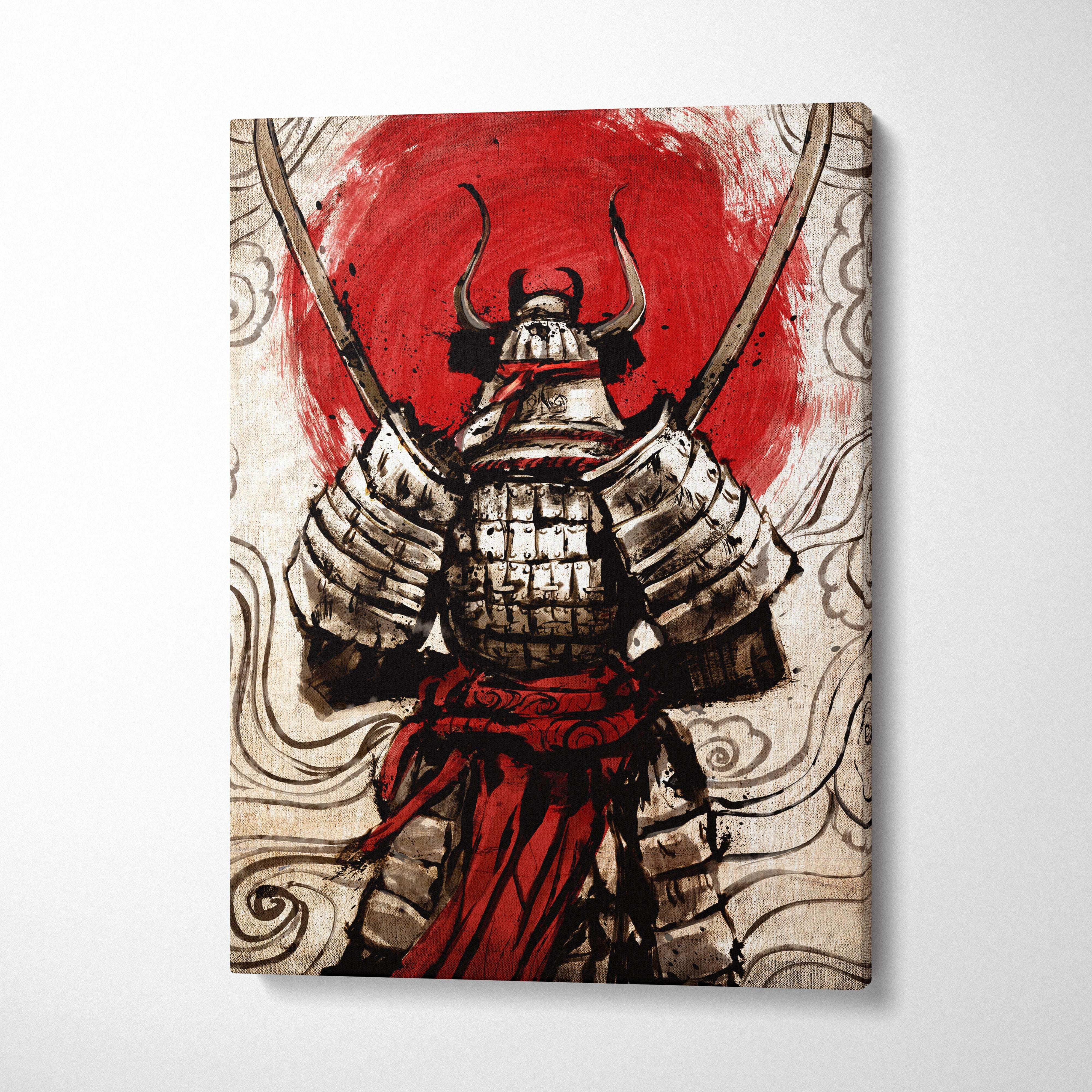 Canvas print of stylized samurai in metallic armor with red accents against bold red sun background wall decor