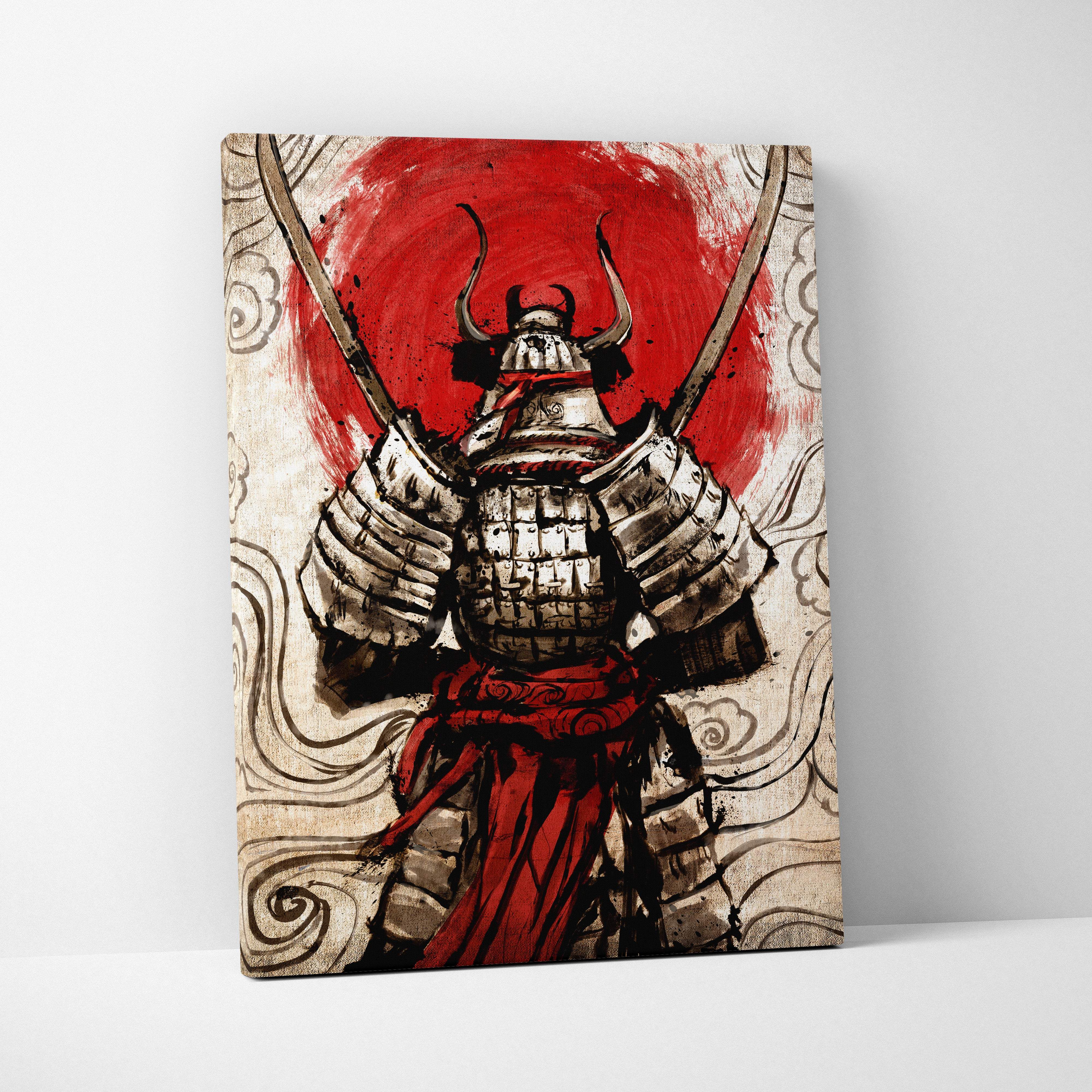 Samurai armor canvas art with detailed black and gray armor with red accents on a bold red circular background