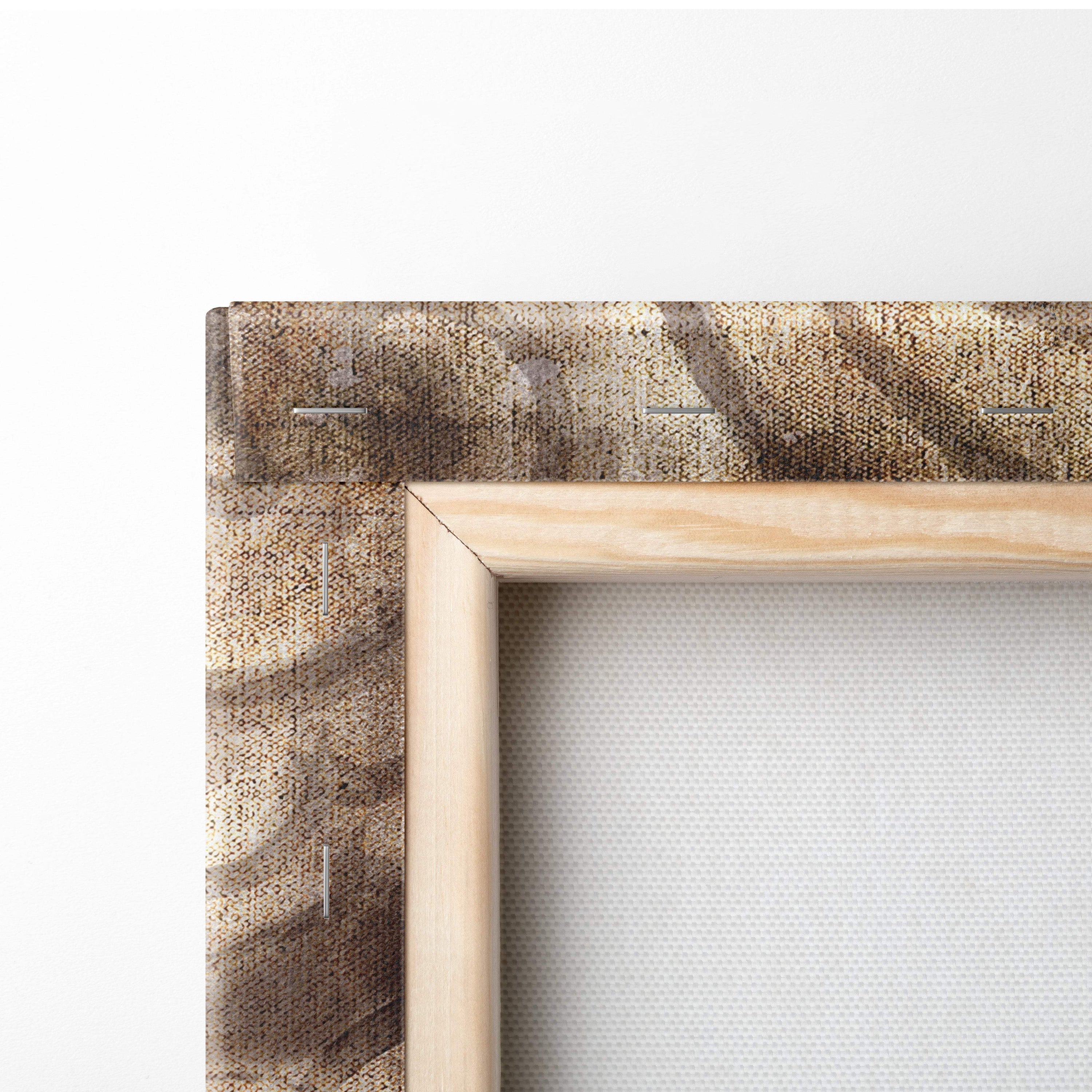 Light-colored wooden frame with textured earth-toned canvas of female samurai minimalist japanese warrior art
