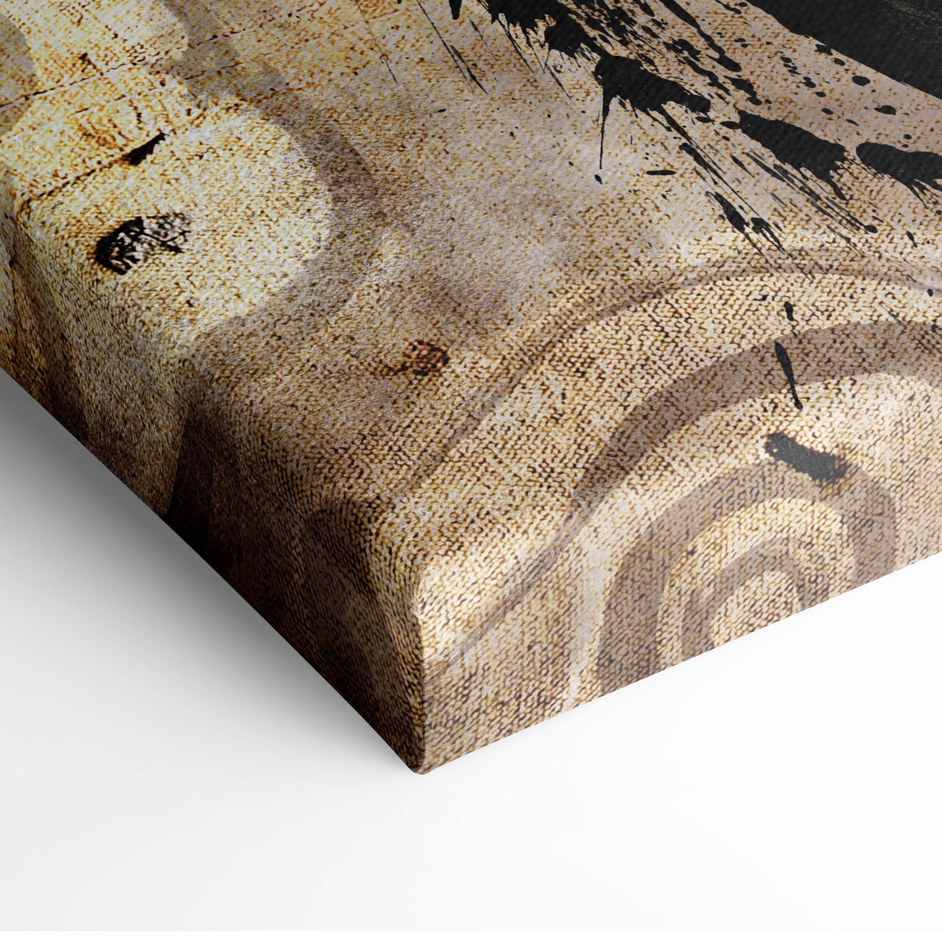 Female samurai canvas print with textured beige and brown abstract swirls accented by bold black ink splatters wall decor